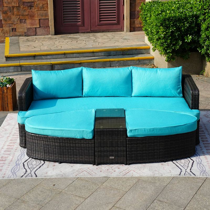 Anazco 89'' Wide Curved Patio Daybed with Cushions, Brown, Cyan