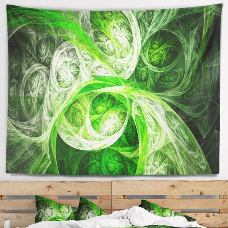 Tapisserie abstraite mystique vert fractal, H 32 po x l 39 po