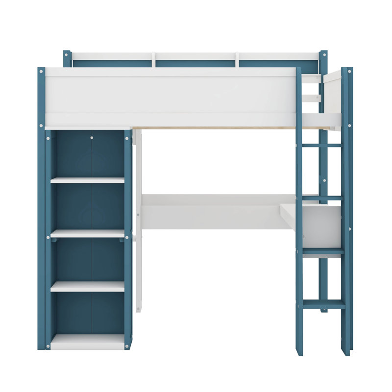 Lit mezzanine double en bois avec tablettes de rangement intégrées, portemanteaux et bureau, Blanc / bleu