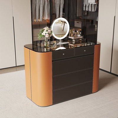 Comptoir rectangulaire en verre trempé transparent de 59,06 po, noir avec surface d'armoire en cuir brun pour armoire à bijoux
