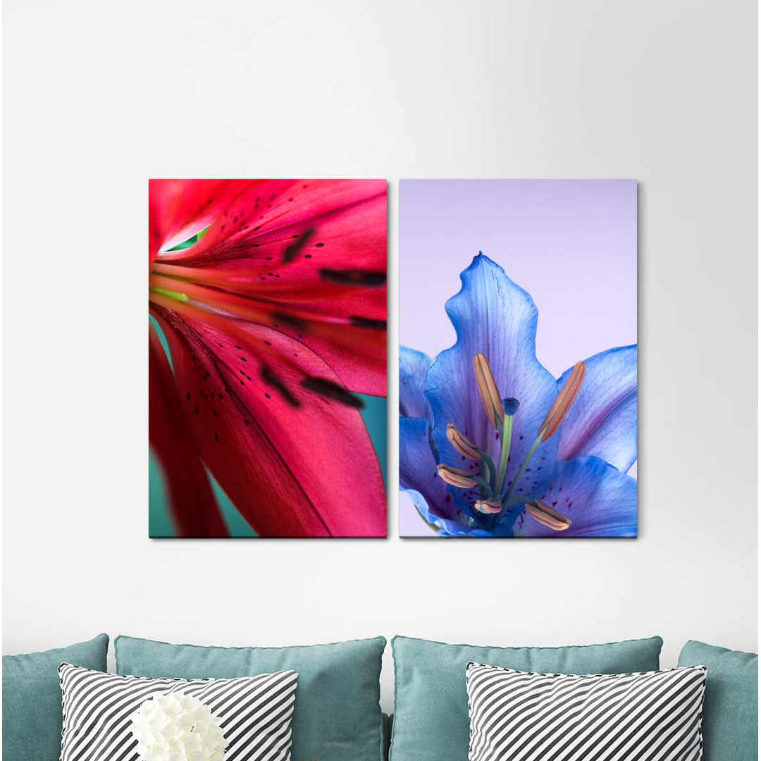 2-tlg. Leinwandbilder-Set Lilies Flowers Red Blue Blossom Summer