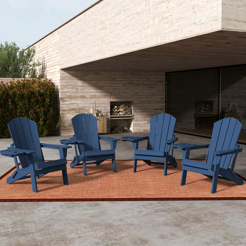 Chaise Adirondack pliante en PEHD avec porte-gobelet résistant aux intempéries, Bleu marine