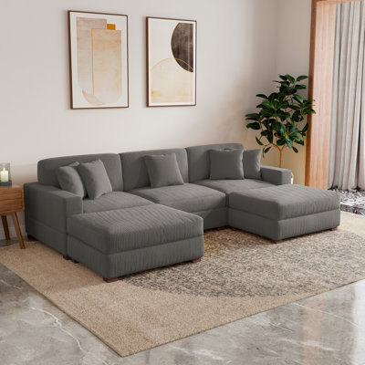 Milbrey 5-Piece Upholstered Light Gray Corduroy Modular Sectional Sofa With Removable Ottomans & Throw Pillows