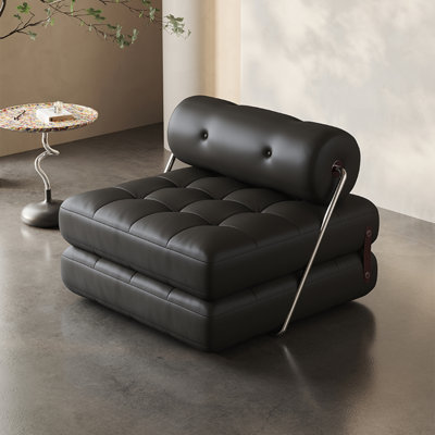 Modular 2-in-1 Genuine Leather Single Sofa Bed,Black Space-Saving Sleeper Chair,