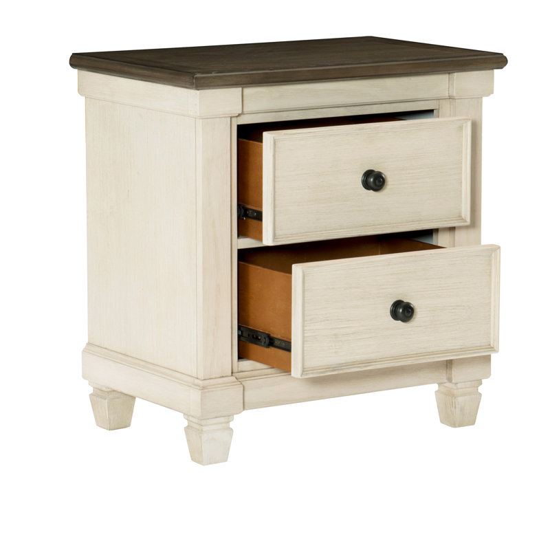 Table de chevet transitionnelle de style rustique 1pc avec 2 tiroirs de mobilier de chambre blanc antique et brun rosé