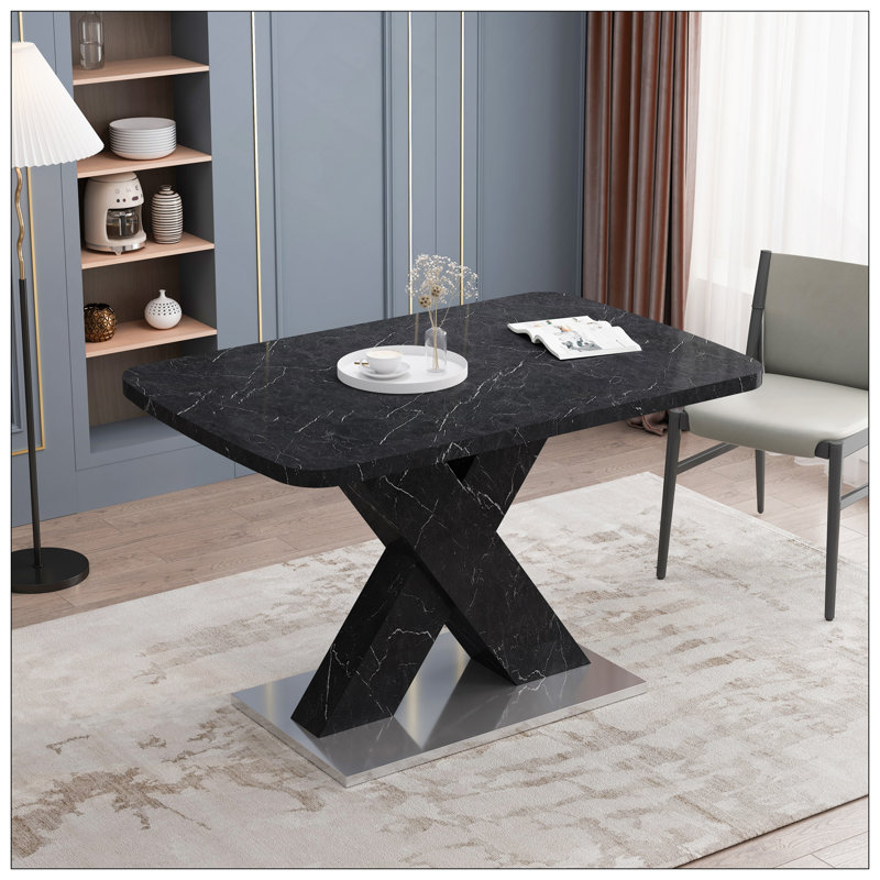 Table de salle à manger carrée moderne, extensible, plateau de table en marbre noir imprimé et pied de table en MDF en X avec base en métal