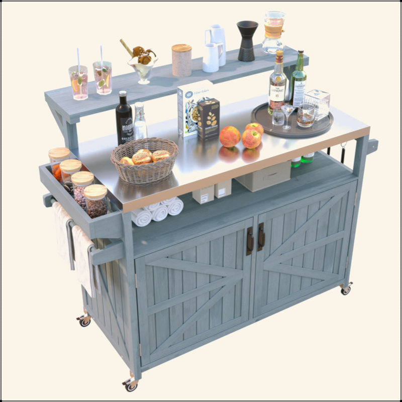 53.3" Outdoor Kitchen Island With Raised Shelf, Solid Wood Storage Cabinet With Stainless Steel Top, Outdoor Rolling Grill Cart With Internal Storage Rack, Adjustable Shelf, Spice Rack