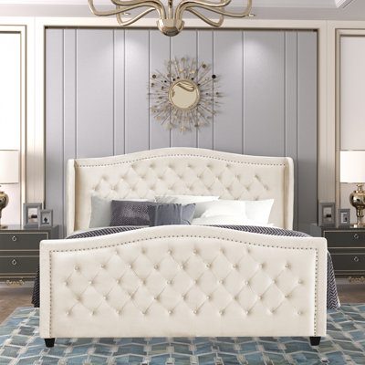 Upholstered Bed with Tufted Headboard and Diamond Button Footboard