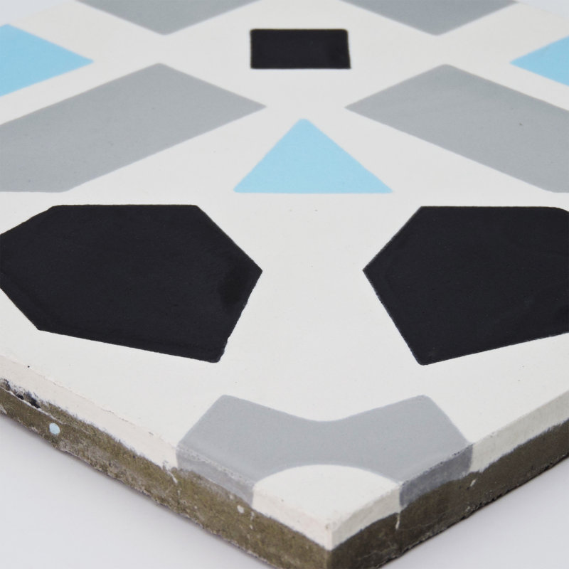 Azilal 8" x 8" Cement Patterned Wall & Floor Tile, Sky Blue/Black/White