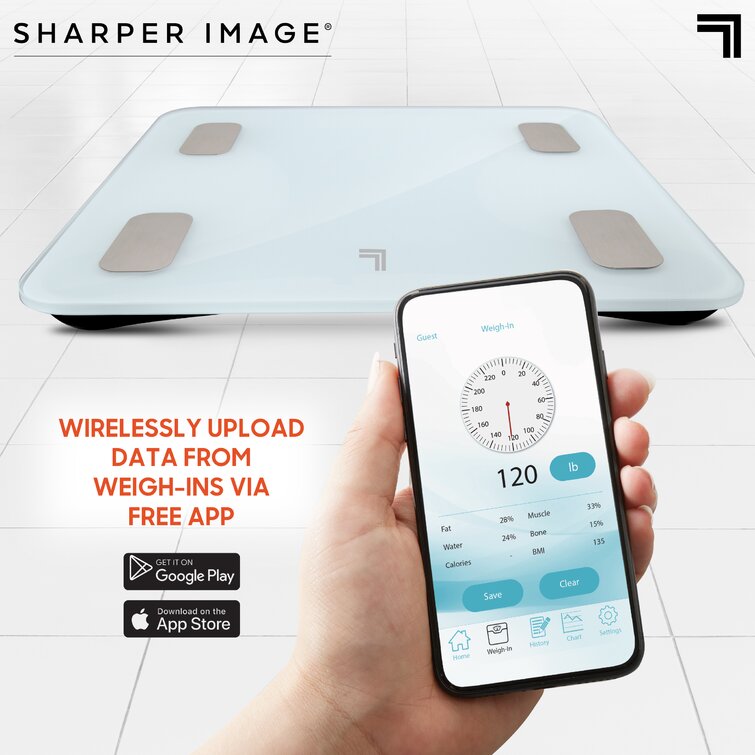 Sharper Image Digital Bathroom Scale, Tracks Weight, Body Fat & BMI, Bluetooth/Android & iOS App Compatible, White