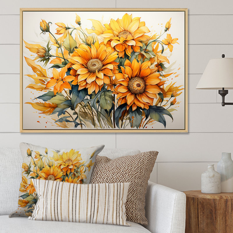 Tournesols, minimalisme, impression sur toile, Encadrement doré, H 34 po x l 44 po