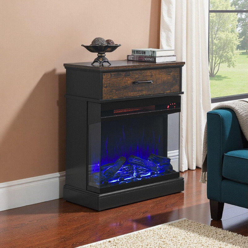 25 Inch Electric Fireplace Stand Side Table With 3-Sided Glass & Storage Drawer Modern Farmhouse End Table