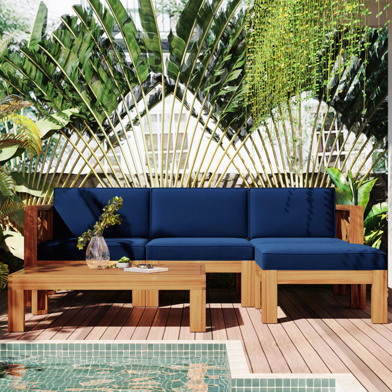 Ensemble de conversation modulaire 5 pièces avec ensemble de coussins et coussins bleus, Naturel