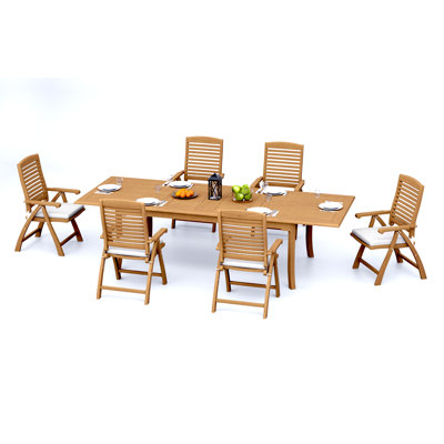 12 Seats 13 Pcs Grade-A Teak Wood Dining Set: 118" Double Extension Rectangle Table And 12 Ashely Folding Reclining Arm Chairs #11AS2412