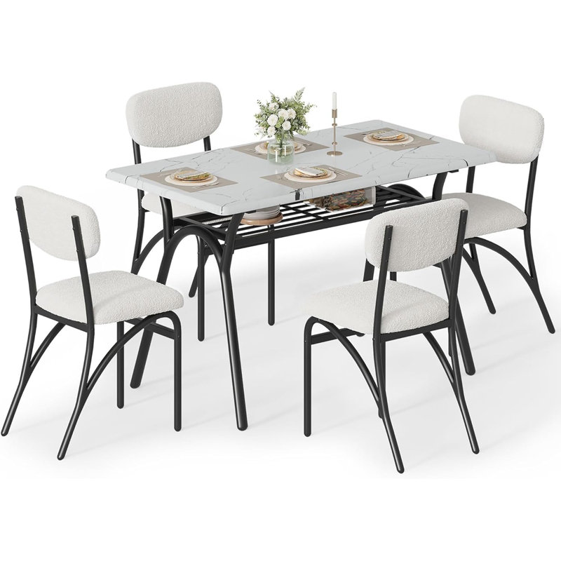 Ensemble de chaises de salle à manger moderne pour 4-6, table de cuisine 5 pièces avec support de rangement et 4 chaises à boucles