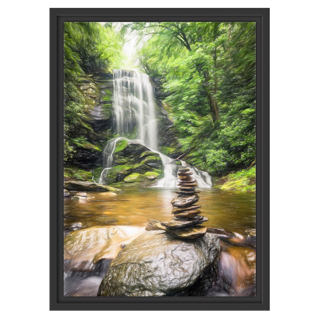 Gerahmtes Wandbild Zen Steine vor Wasserfall