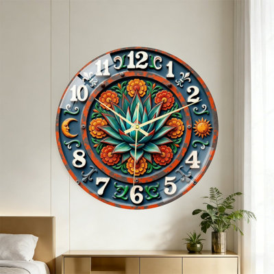 Horloge murale rustique d'inspiration folk, ornée d'agaves aux couleurs vives, de fleurs de souci, de motifs de soleil et de lune, de chiffres blancs audacieux et d'un mouvement à quartz silencieux. Décoration murale bohème et colorée, idéale pour la maison, la terrasse et les espaces de vie.