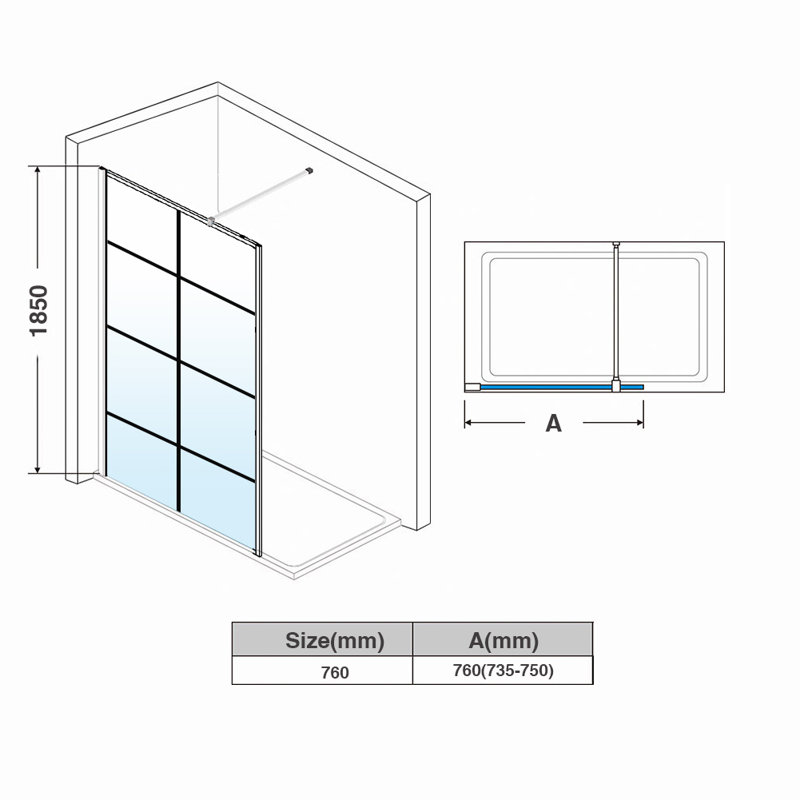 Walk in Shower Enclosure with 8mm Half Frosted Easy Clean Safety Glass, 750 mm