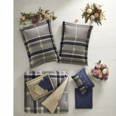 Ensembles de literie à carreaux modernes, polyester hypoallergénique, édredon bleu marine pour chambre familiale