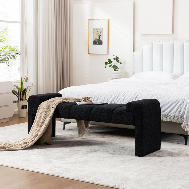 Laytona 60" Boucle Upholstered Channel Tufted Bench with Arm, Black