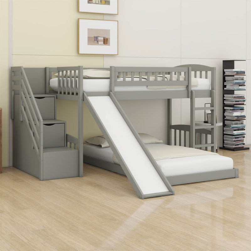 Lit superposé à escalier avec deux tiroirs et glissade