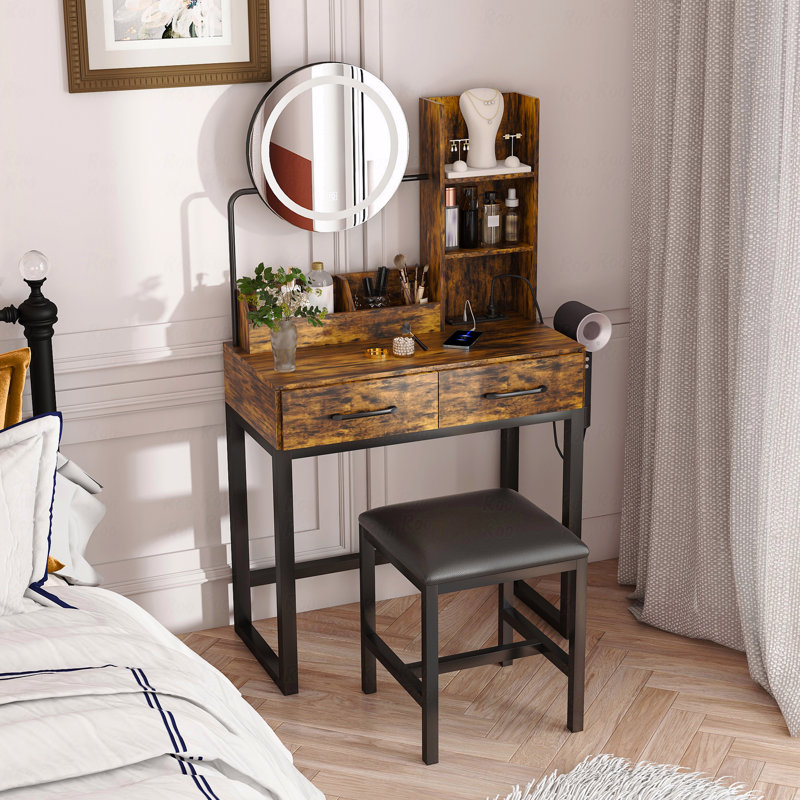 Dressing Table (Makeup Vanity)  - Makeup Makeup Vanity  With Led Led Lights&3 Color And With Power Outlet Makeup Makeup Vanity  Table With 2 Big Drawers With Sturdy Metal Leg And Metal Chair, Dressing Room, For Bedroom