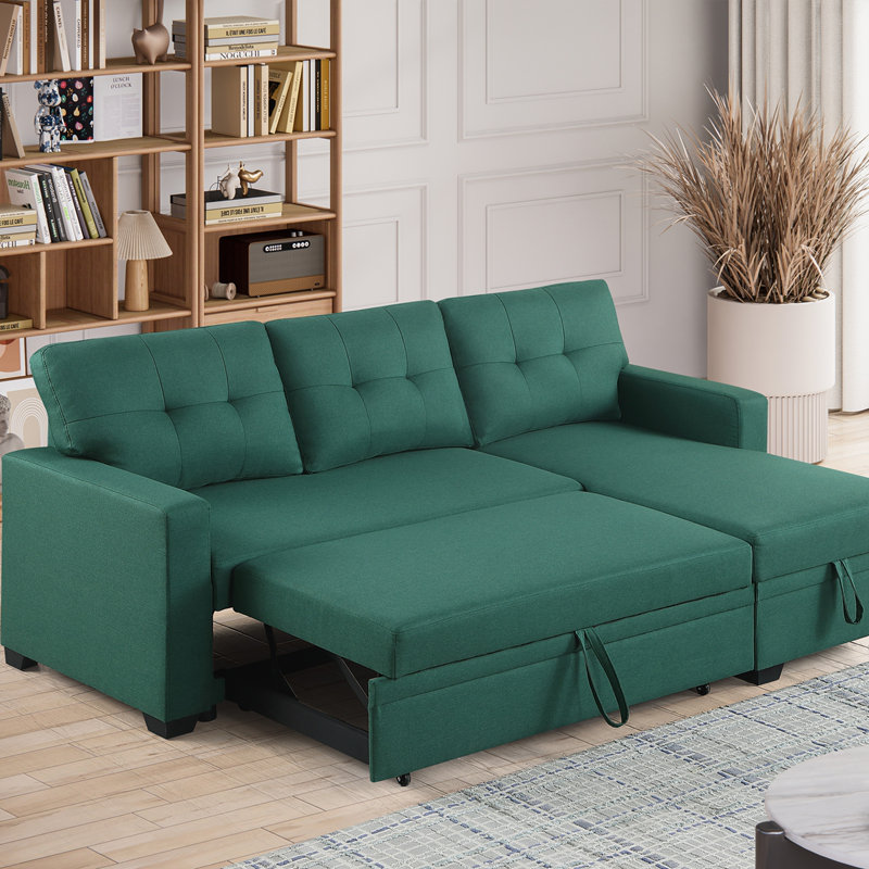 Canapé modulaire convertible rembourré avec méridienne coulissante, Orienté à gauche (vu de face), Lin vert
