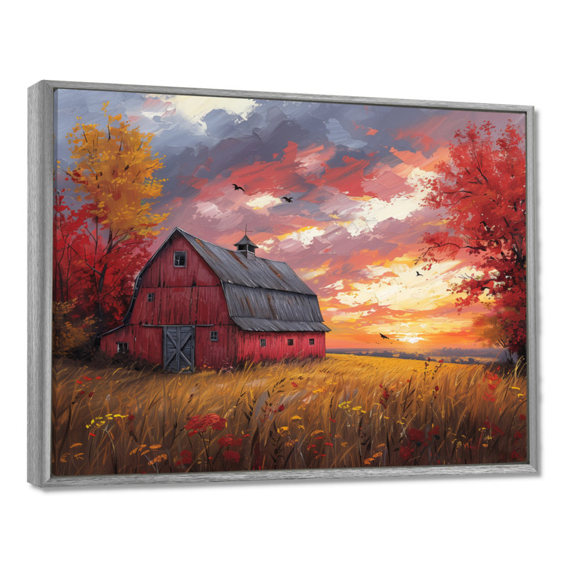 «Autumn Red Barn Breeze II» - reproduction d'art murale grange, Toile argentée avec cadre flottant
