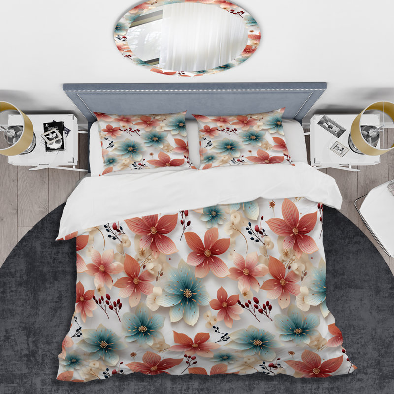 Ensemble de housse de couette à motif floral Coral Coastal Harmony, Housse de couette simple + 1 taie décorative stan