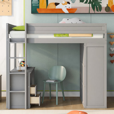 Gray Twin Loft Bed With Built-in Wardrobes, Desk And Storage Connecting Cabinet Collection