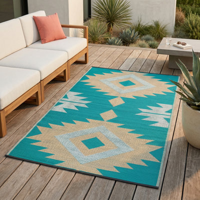 Tapis d'extérieur imperméable en plastique recyclé avec paille - ivoire - bleu sarcelle