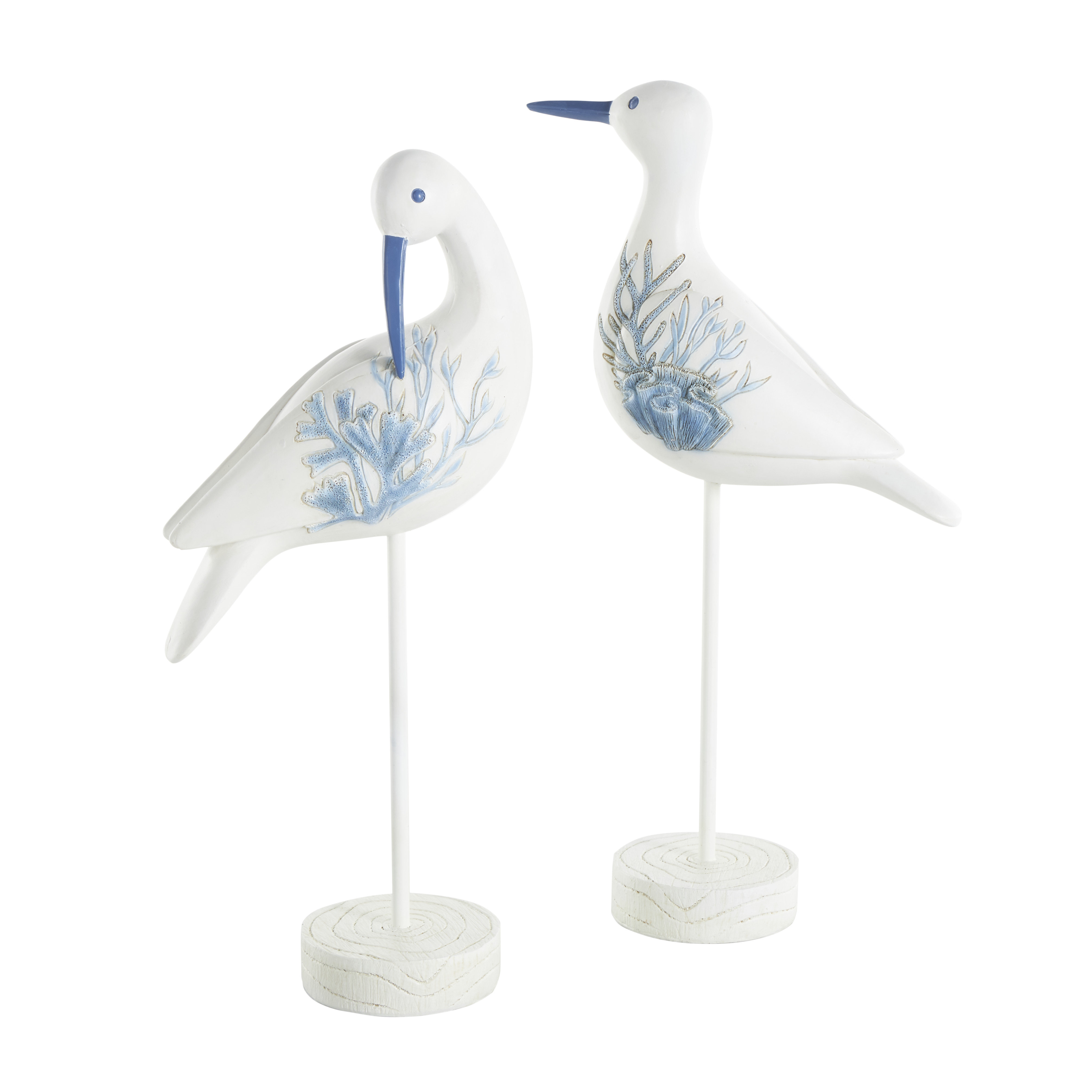 Highland Dunes Cole And Gray Polystone Bird Sculpture With Blue Coral Patterns And Wood Inspired Bases & Reviews | Wayfair