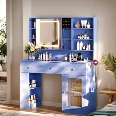 Sophia Purple Particle Board Veneered With Textured Melamine, 2 Drawers, 1 Glass Door, Left And Right 2-Tier Shelves, Glass Tabletop, Dressing Table, LED Three-Colour Dimmable Touch Square Mirror With Accessory Mirror Cabinet, With Power Strip, With Hair