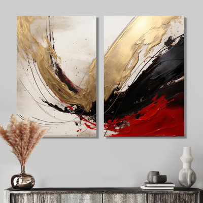 Midnight Passion Abstract Wave Scarlet & Gold - Abstract Painting Canvas Print Wall Art, Gold Abstract Wall Decor 2 Piece