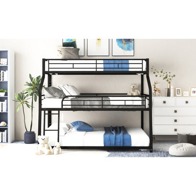 Twin Xl/Full Xl/Queen Triple Bunk Bed, Black With Construction And Full Guardrails - Metal Made Space Design