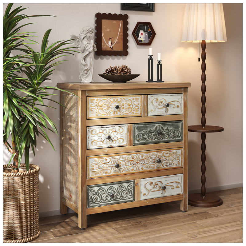 Commode d'appoint rétro en bois avec 6 tiroirs, commode de rangement rustique multicolore sculptée pour chambre à coucher, salon, décor de style campagnard (L 25,59 po x l 12,6 po x H 33,07 po)
