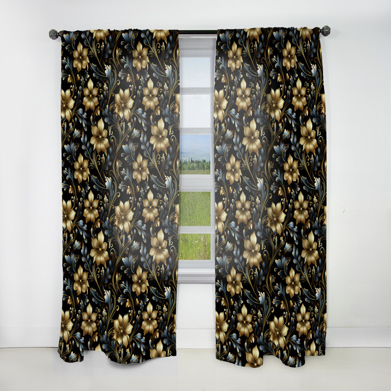 Or et bleu Luxury Damask Symphony III - Rideau damassé - Rideau obscurcissant - 1 panneaux, L 52 po x L 90 po