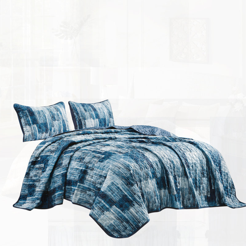 Ensemble de couvre-lit réversible en microfibre 3 pièces - Doux, durable, motif abstrait bleu