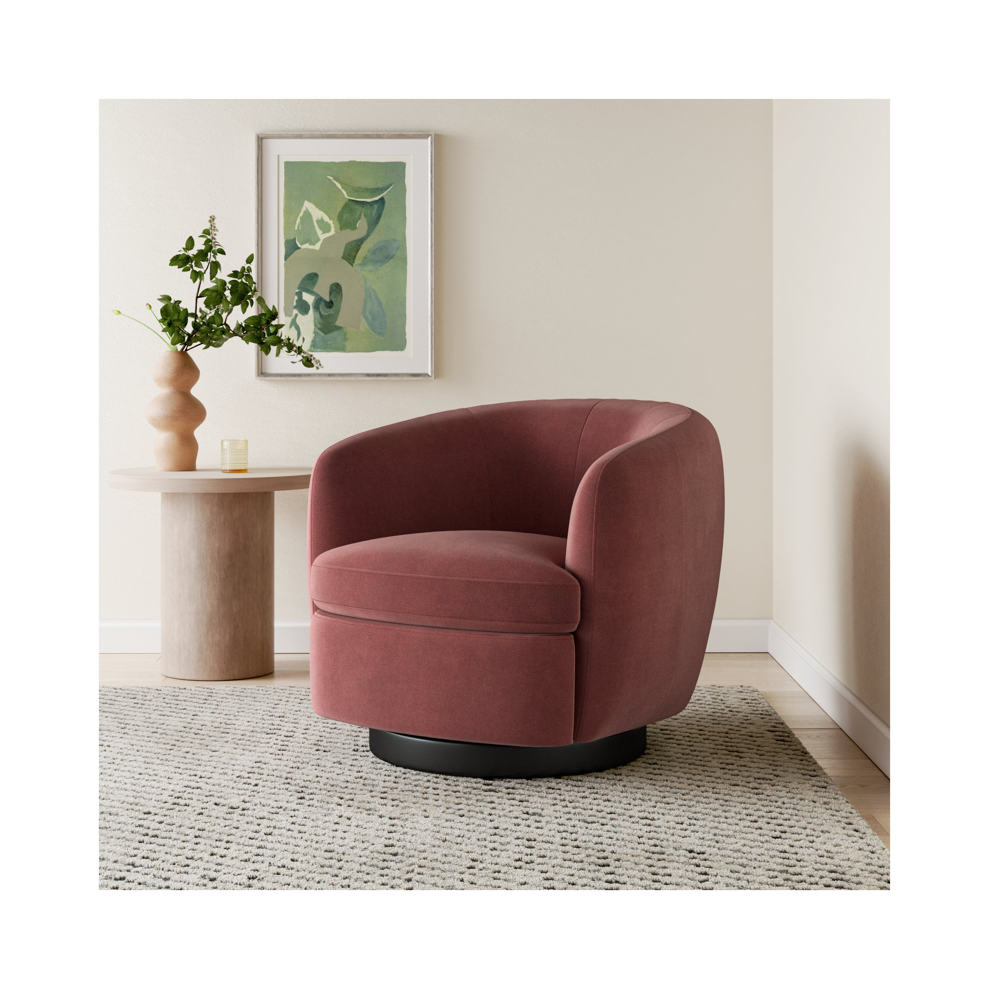 Marcy Upholstered Swivel Barrel Chair, Falkirk Reddish Brown Velvet/Black