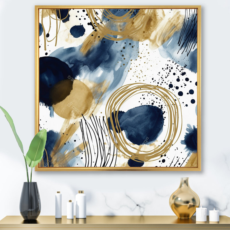 Motif abstrait avec textures bleues et dorées IV encadrée sur toile, Cadre flottant doré, H 36 po x l 36 po x P 1,5 po