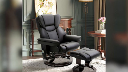 Recliner Ottoman Set Faux Leather Lumbar Pillow Wood Base Vibration Massage