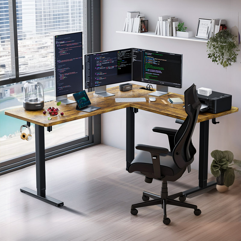 Bureau d'angle électrique en forme de L de 63 po x 55 po avec prise de courant intégrée, bureau d'ordinateur ergonomique à hauteur réglable pour le bureau à domicile et les jeux