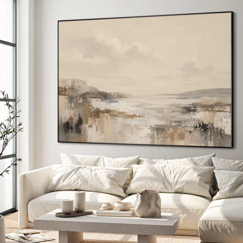 Très grand art mural imprimé sur toile - Beige, brun clair, paysage abstrait, décor de salon contemporain - "Assemblage requis (cadre non fini)"