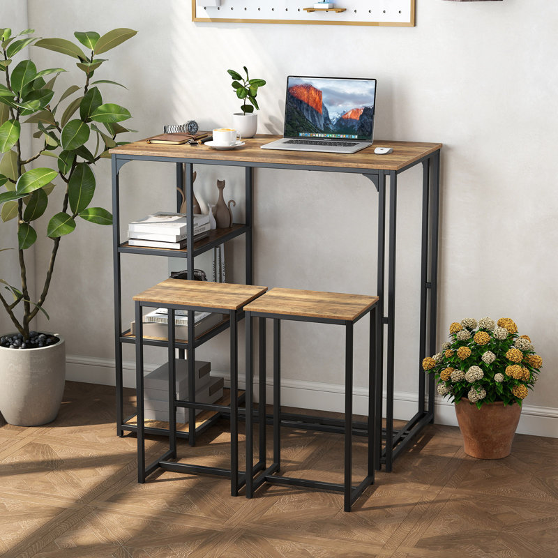 Ensemble de table de bar 3 pièces pour 2 personnes avec 2 tabourets et 3 tablettes de rangement