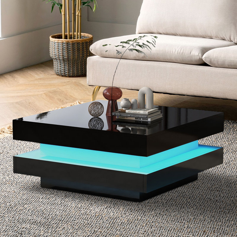 Deontea Pedestal  High Gloss Minimalist Design with LED Lights, 2-Tier Square Coffee Table, Center Table, Living Room Table