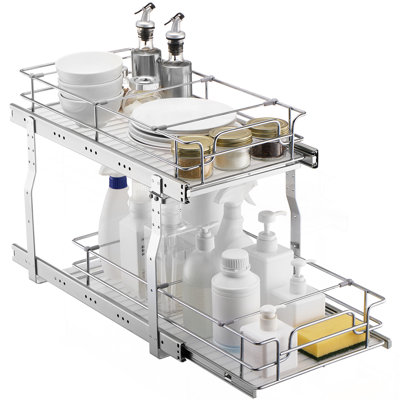 2-Tier 12"Wx21"Dx15"H Wire Pull Out Cabinet Under Sink Organizer Drawer Basket, 13.5"Wx22"Dx18"H Install Size for Cabinet