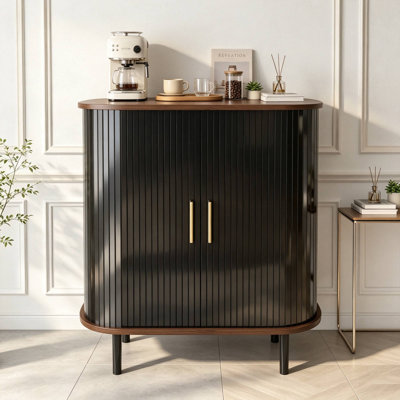Armoire de bar Modern Home, armoire à boissons alcoolisées avec portes cannelées coulissantes, support à vin amovible et porte-verres à pied, station de café à tablettes réglables