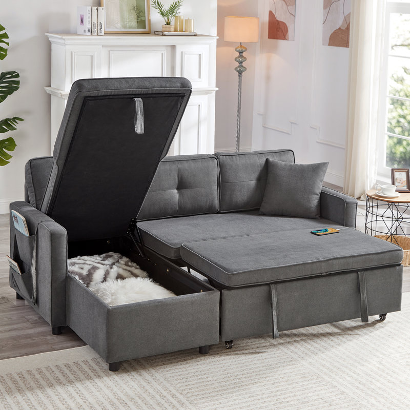  Mitzi Cotton Linen L-Shaped Pull Out Sleep 3 in 1 Convertible Sofa bed with Storage Chaise, Drop-Down Table, Cup Holders and Charging Ports (USB & Type-C)