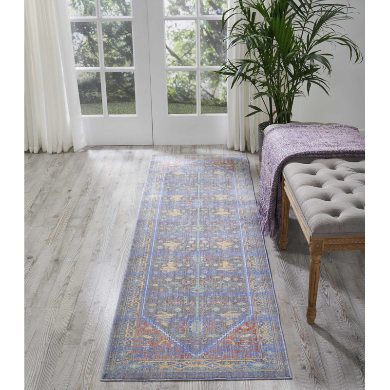 Tapis oriental bleu / bleu marine / rouge / jaune Portillo, Tapis de couloir 2 pi 3 po x 7 pi 1 po