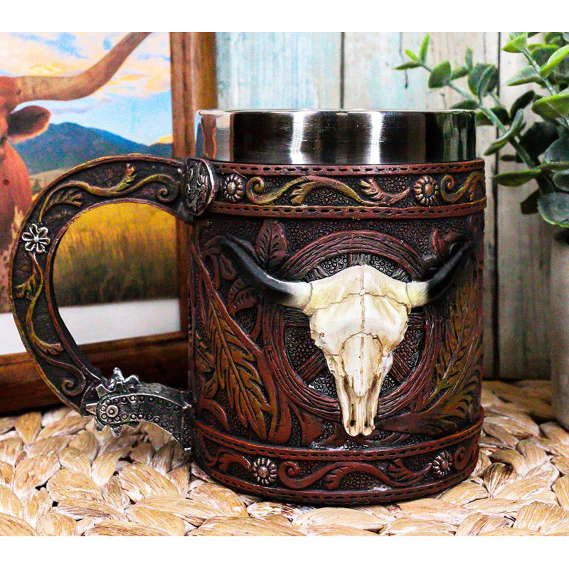 Crâne de vache Ebros Western Bull rustique avec plumes Dreamcatcher et tasse à café en dentelle à volutes en similicuir à finition Wild West